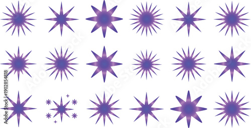Purple starburst shapes icons set for design elements and graphic resources, starburst shapes icons for creative projects and digital art, purple starburst