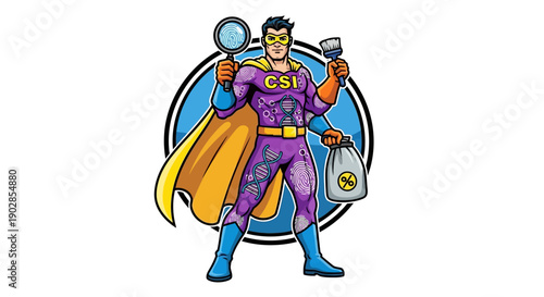 Superhero Detective Investigating a Crime Scene in a Colorful Illustration Style