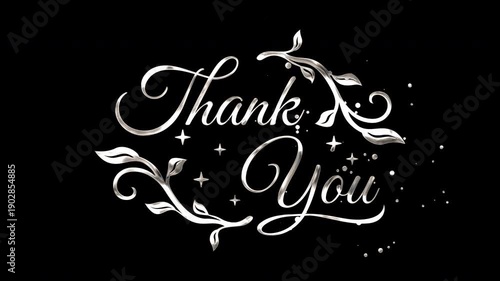 Silver thank you illustration with floral decorations, elegant on black background. Suitable for thank you cards, invitations, and stationery designs.