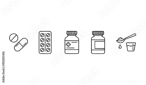 Minimal Medical Line Icons Set Pills Capsules and Bottles Vector