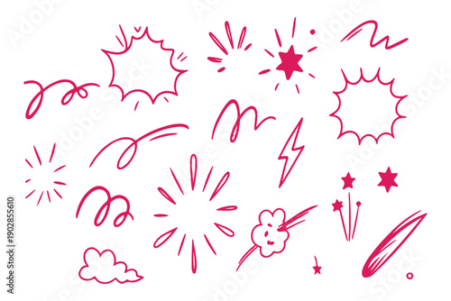 Comic cartoon line explosive effect, speed burst motion element set. Comic boom burst, explosive smoke, line speed cartoon element icon. Hand drawn sketch action boom effect. Vector illustration 