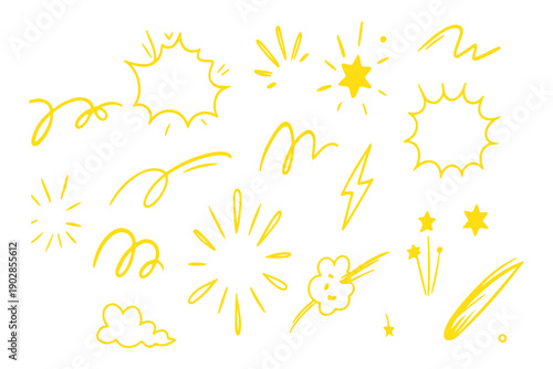 Comic cartoon line explosive effect, speed burst motion element set. Comic boom burst, explosive smoke, line speed cartoon element icon. Hand drawn sketch action boom effect. Vector illustration 