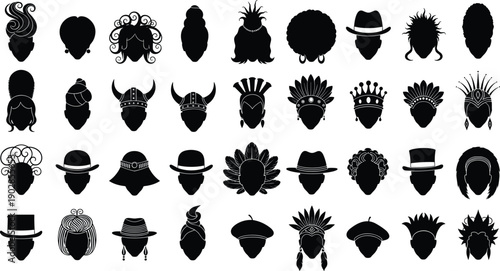 Diverse Historical and Cultural Headwear Silhouettes Collection Featuring Traditional Hats, Headdresses, Vintage Hairstyles and Ethnic Costume Icons Set