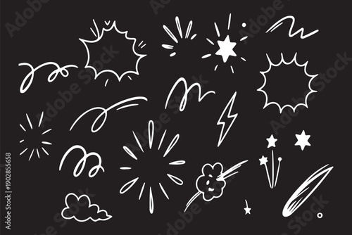 Comic cartoon line explosive effect, speed burst motion element set. Comic boom burst, explosive smoke, line speed cartoon element icon. Hand drawn sketch action boom effect. Vector illustration 