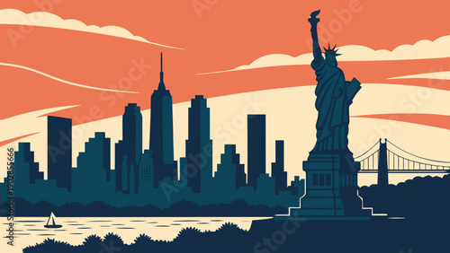New york skyline frames lady liberty showcasing iconic symbol amidst vibrant cityscape, perfect for travel blogs, magazines, and tourism advertisements.