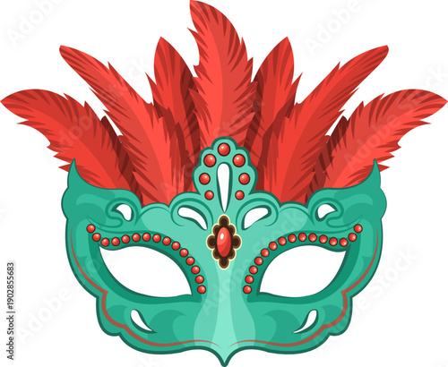 Vintage opera mask. Red feather decorative element