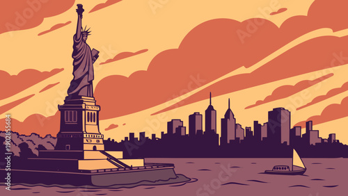 New york skyline and statue of liberty in a patriotic cityscape photo. Suitable for travel blogs, websites, patriotic themes.
