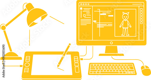 Yellow digital setup with tablet computer monitor and tablet