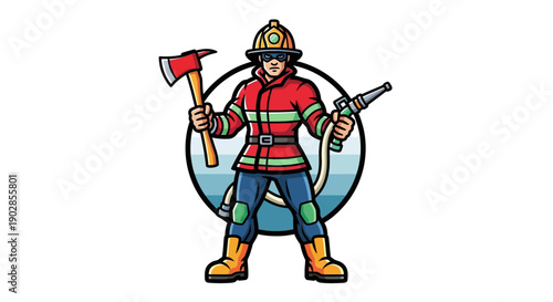Action-Packed Firefighter Hero with Axe and Hose, Urban Environment, Illustration, Dynamic Pose, Engaging Concept