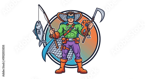 A Superhero Fishing Adventure, Colorful Illustration, Creative Environment, Dynamic Viewpoint