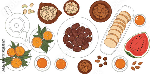 Healthy Ramadan iftar food illustration, dates nuts fruits and honey tea, traditional Islamic festive meal top view composition