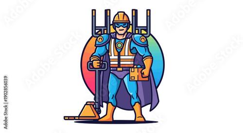 Heroic Construction Worker Action Illustration, Construction Site, Graphic Design, Vibrant Colors, Dynamic Perspective, Superhero Concept
