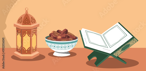 Ramadan Mubarak illustration with Quran stand, dates bowl and lantern, Islamic holy month celebration greeting background design