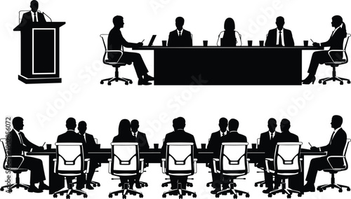 Set of business people silhouettes in professional meetings, corporate teamwork, office discussions, coworkers collaborating at desks, and group communication icons.