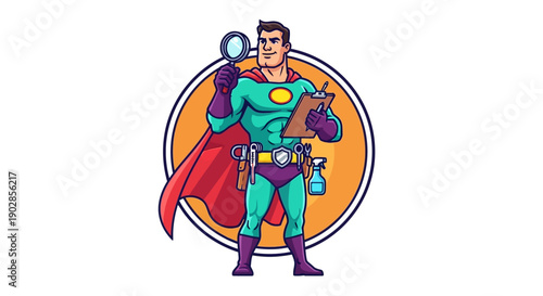 Cartoon Character with Magnifying Glass and Clipboard in a Colorful Environment