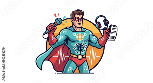 Dynamic Superhero Performing Music in a Vibrant Studio Setting, Comic-Style Illustration, Energetic Atmosphere