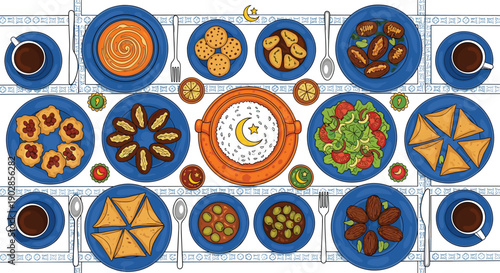 Top view of Iftar dinner table with traditional Arabic food, dates, samosas, hummus, and rice for Ramadan Kareem celebration feast.