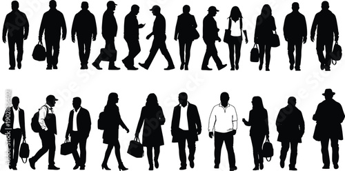 Walking people silhouette collection featuring men and women with bags, business commuters, urban crowd lifestyle concept, daily movement, black vector illustration