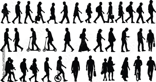 Walking people silhouette collection showing men women commuters and lifestyles, urban movement diversity concept, crowd activity, black vector illustration