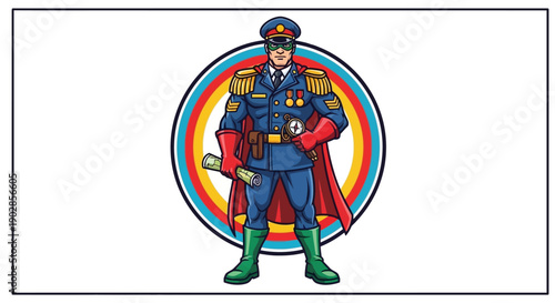 Captain in Colorful Costume, Graphic Design, Bright Environment, Heroic Concept