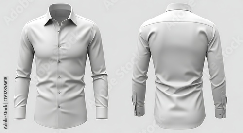 Two views of a formal white shirt with long sleeves and a button-down front