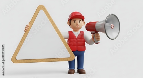 Construction worker with a megaphone standing next to a triangular warning sign