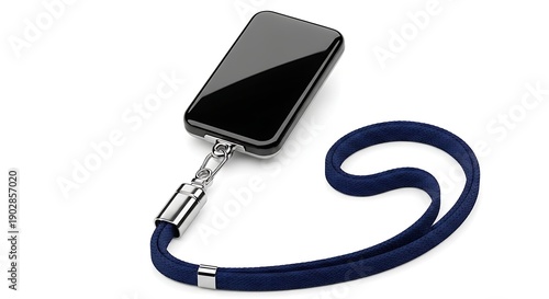 Blue lanyard with a phone holder and a long cord attached to it.