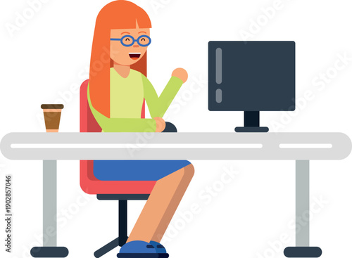 Female freelancer working on computer. Office woman character