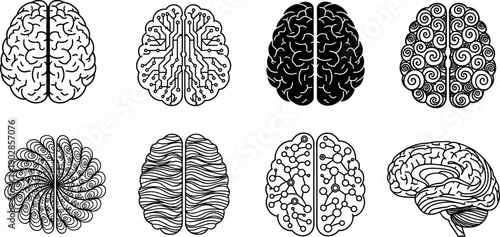 Abstract human brain illustration set with creative, technology and neuroscience concepts isolated on white background representing intelligence, mind, psychology, artificial intelligence, 