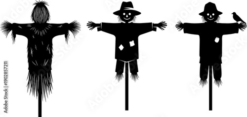 Black scarecrow silhouettes with hats and crow isolated on white background for halloween, autumn harvest, rural farming, seasonal decoration concepts illustration design stock vector art