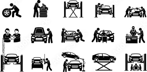 Black silhouette icons showing car service and auto repair processes including maintenance, washing, inspection, mechanics and garage workflow isolated on white background