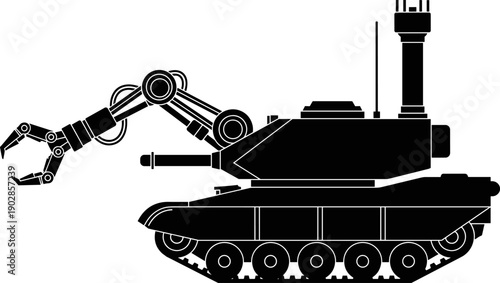 Black silhouette of robotic tracked vehicle with articulated arm isolated on white background for robotics, automation, industrial technology, autonomous engineering, and futuristic machine 