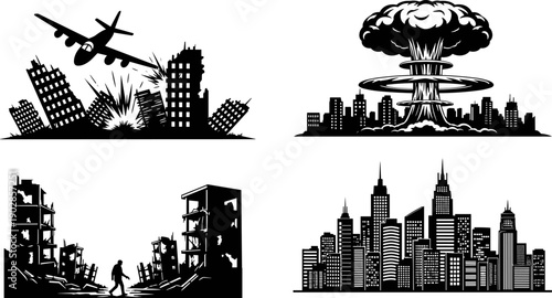 Black silhouettes of city destruction and disaster scenes showing explosion, nuclear blast, war ruins, survivor and skyline contrast for apocalypse, crisis, and urban catastrophe concepts