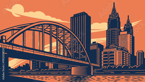 Pittsburgh skyline with a bridge over the river, capturing the iconic cityscape. Suitable for travel guides, promotions, and citythemed projects.