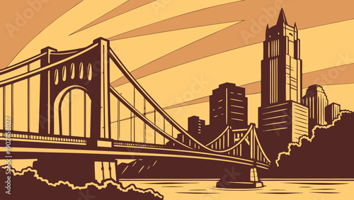 Pittsburgh skyline featuring a bridge stretching across the river, a stylized cityscape backdrop perfect for travel, urban and editorial content.