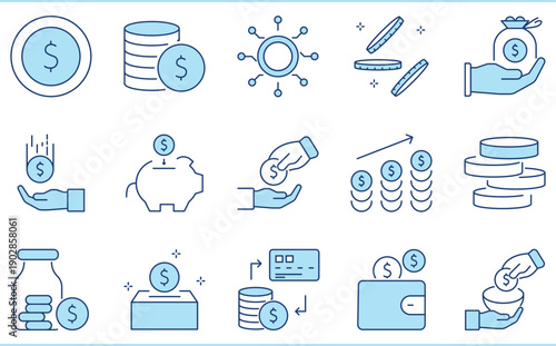 A set of flat icons related to Coin. Dollar, penny, donate, give, save, digital, stack, and so on.