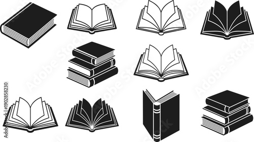 Book silhouettes and open book icons collection featuring stacked textbooks and reading symbols, black vector illustration set isolated on white background for education learning design