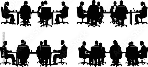 Business Meeting Silhouette Set Showing Corporate Team Discussions at Conference Table, Professional Office Collaboration, Leadership, Management, and Workplace Communication Concept Illustration