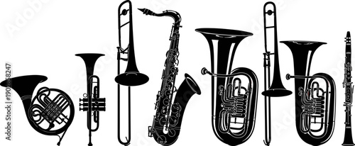 Brass and woodwind musical instrument silhouettes collection featuring saxophone trumpet trombone tuba french horn and clarinet for orchestra band vector illustration set