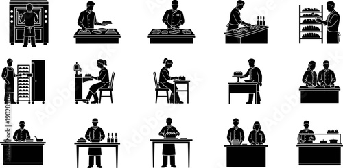 Chef and bakery workflow silhouettes showing professional cooking, baking, pastry preparation, and food production inside commercial kitchens for culinary training and restaurant branding designChef 
