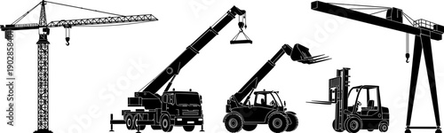 Construction cranes and lifting machinery silhouette set featuring tower crane, mobile crane, telescopic handler, forklift, and gantry crane icons for industrial building and logistics projects