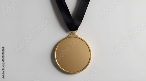 Blank gold medal with black ribbon hanging, first place winner honor concept with copy space