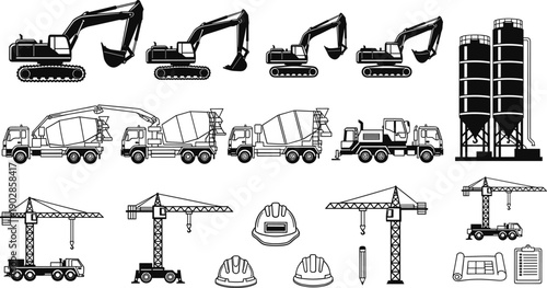 Construction equipment and building machinery silhouettes set including excavators concrete mixer trucks tower cranes safety helmets and industrial tools for engineering vector illustration collection