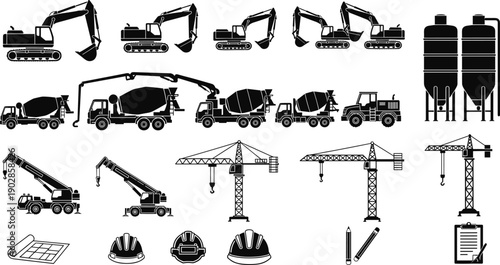 Construction equipment and machinery silhouettes collection featuring excavators, concrete mixer trucks, cranes, silos, safety helmets, and engineering tools for industrial building 