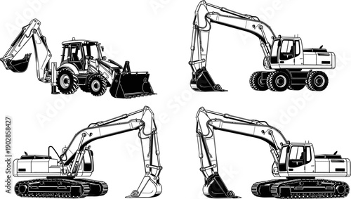 Construction excavator and backhoe loader machines set featuring wheeled and tracked heavy equipment silhouettes for building, earthmoving, engineering projects in detailed black vector illustration
