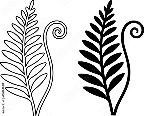Plant icon, vector illustration of fern, black and white in outline and silhouette design style