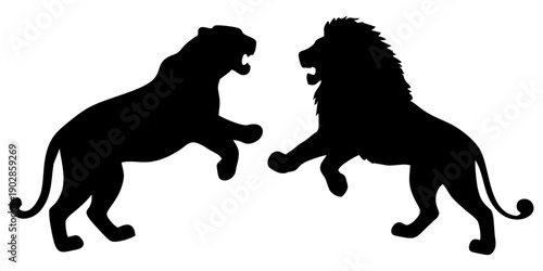 silhouette of a tiger and a lion fighting on a white background