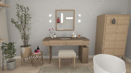 Minimalist bathroom scene with vanity, tub, greenery, and a storage cabinet