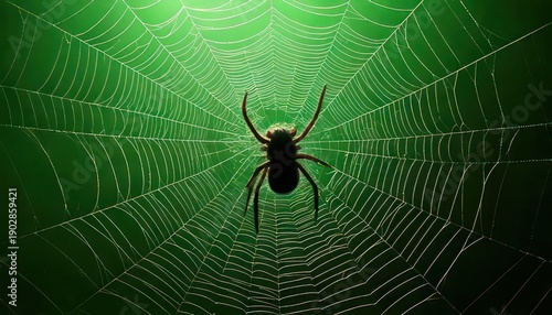 Spider in its web against a green background, close-up.