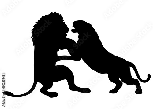 silhouette of a tiger and a lion fighting on a white background